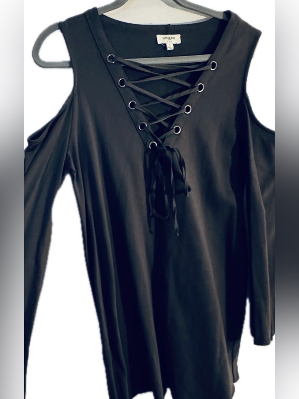 Umgee Black Cold Shoulder Tunic | Lace-Up Front | Boho Bell Sleeve Top | Medium